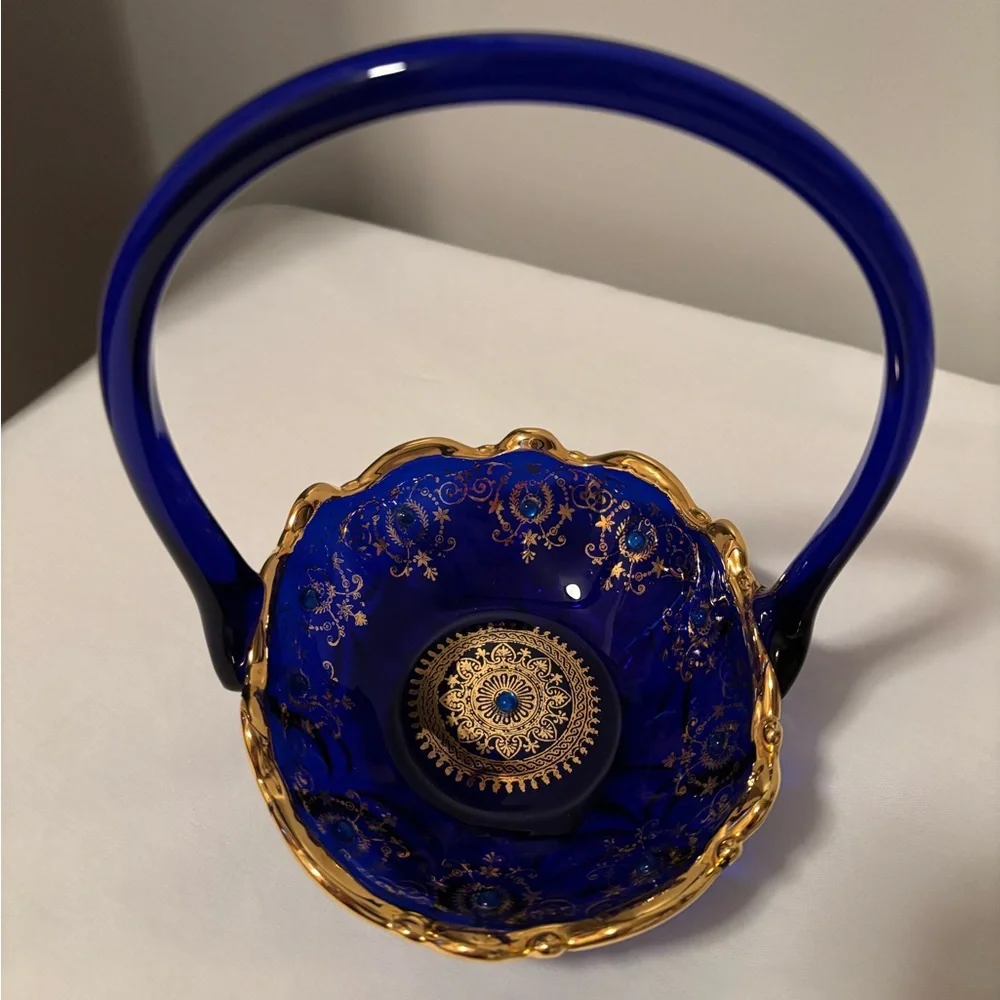 Gorgeous 1960’s Cobalt Blue Glass Basket w/Gold Gilded Decor&Cobalt Blue Beading